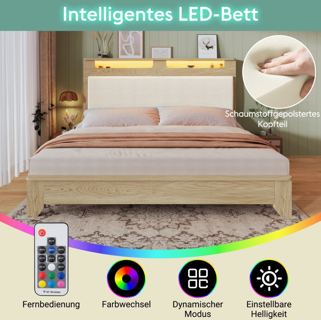 Letto matrimoniale in legno chiaro con panca contenitore e LED