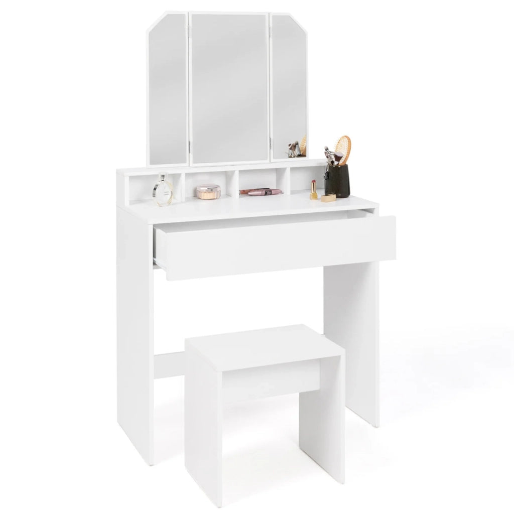 IDMarket - ZELIA Comodino a 3 specchi con 4 nicchie, 1 cassetto e sgabello