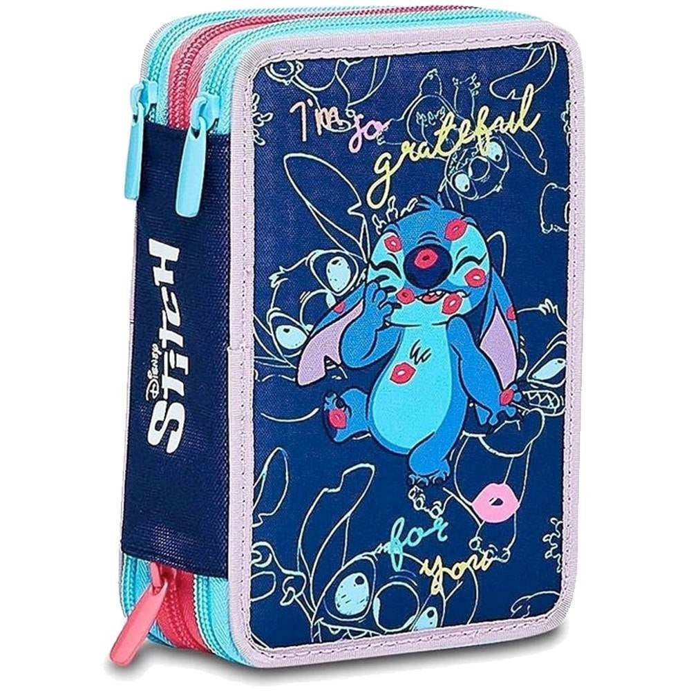 Trade Shop - Astuccio Stitch E Lilo 3 Zip Per Scuola Elementare Completo Di Accessori Seven -