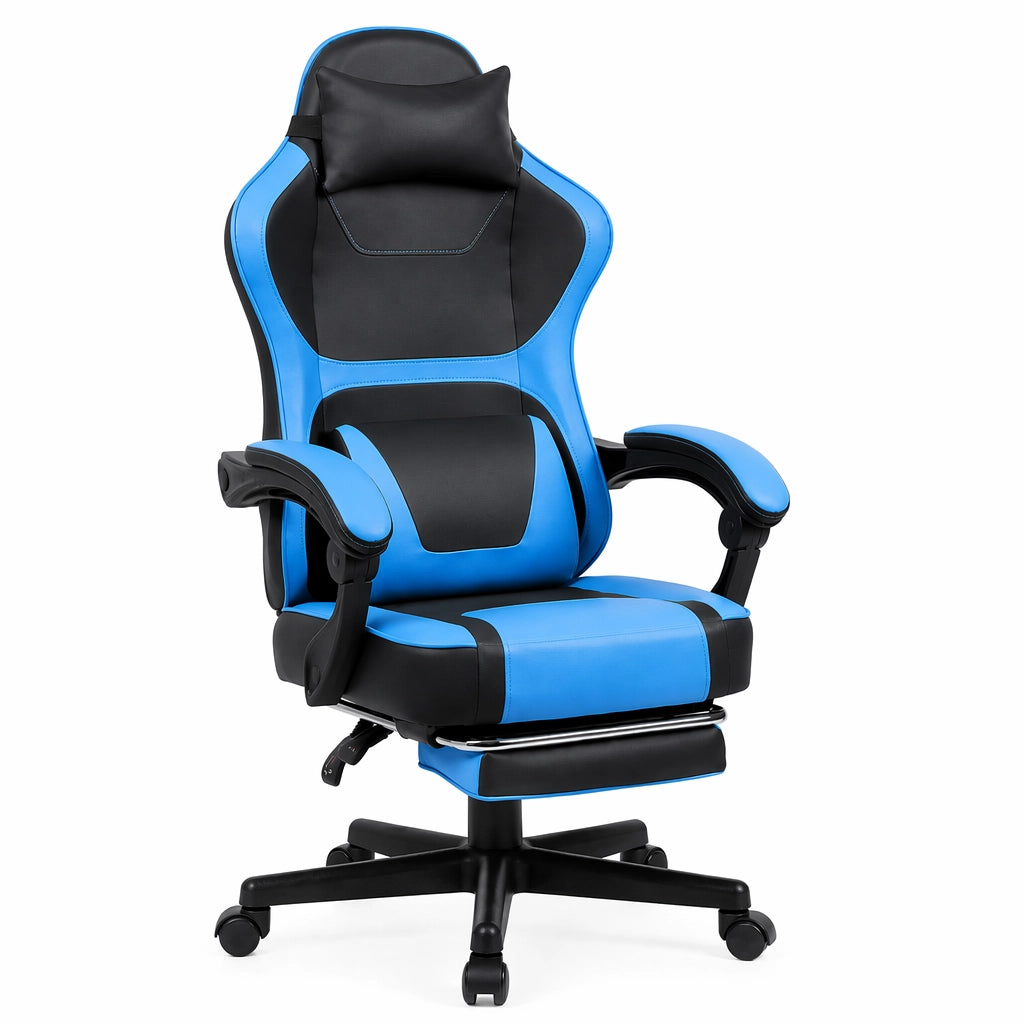 Chaise da ufficio gaming con tasca portaoggetti sul retro e cilindro pneumatico, in PVC nero e blu