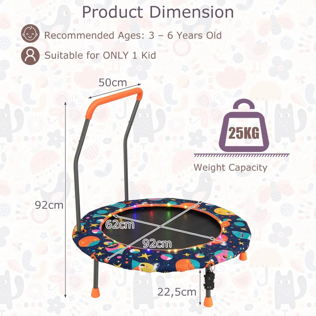 Trampolino Elastico per Bambini dai 3 ai 6 anni, Ø 92 cm, Tappeto Elastico Bambini con Luci a LED, Mini Trampolino da Giardino con Manico e Tappetino di Sicurezza, Portata fino a 25 kg