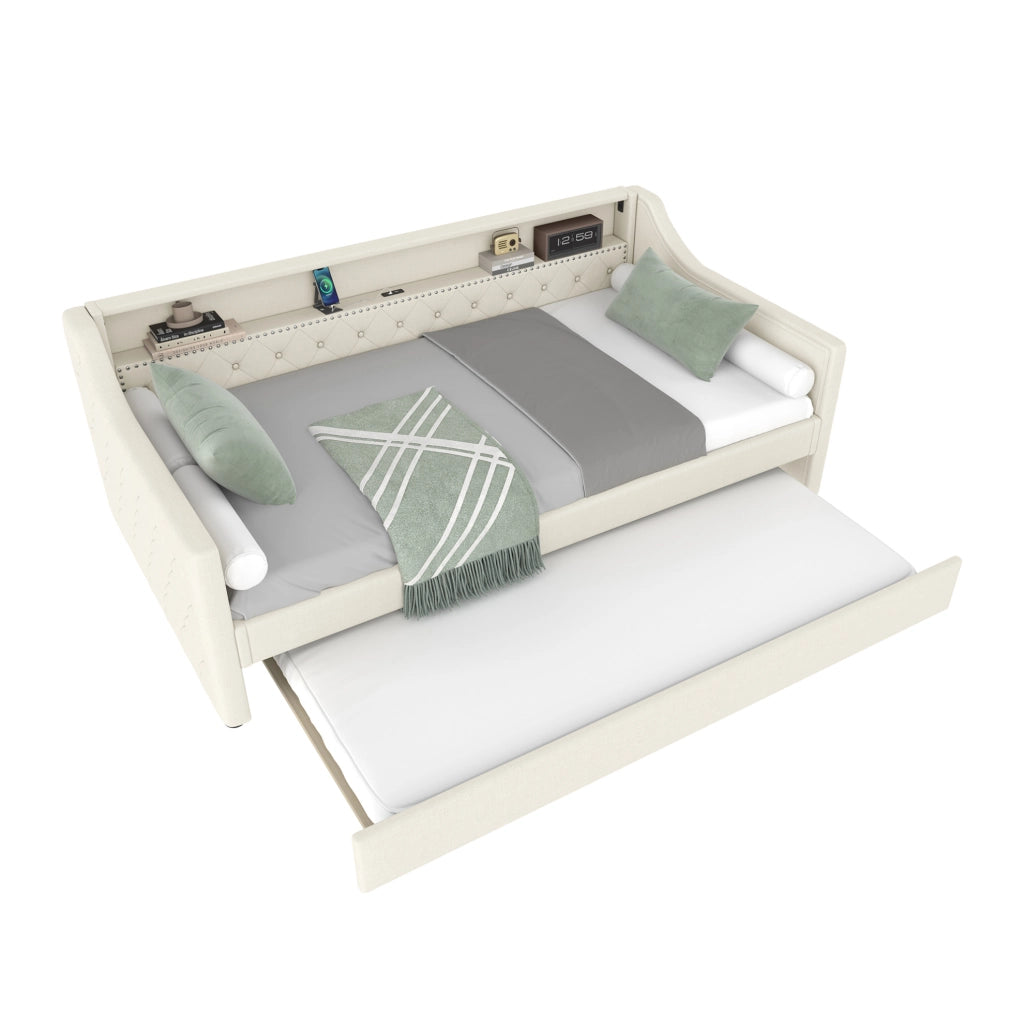 Letto da giorno 90x200 cm con LED; letto estraibile e USB in lino beige