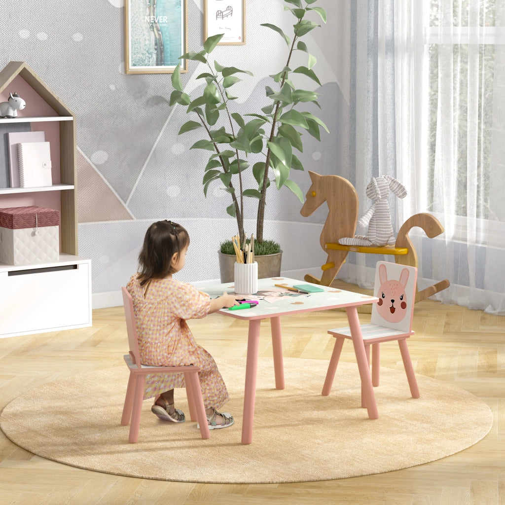 EasyComfort Set Tavolo e Sedie 3 Pezzi per Bambini 3-8 Anni in MDF e Legno di Pino con Disegni di Animali, Rosa