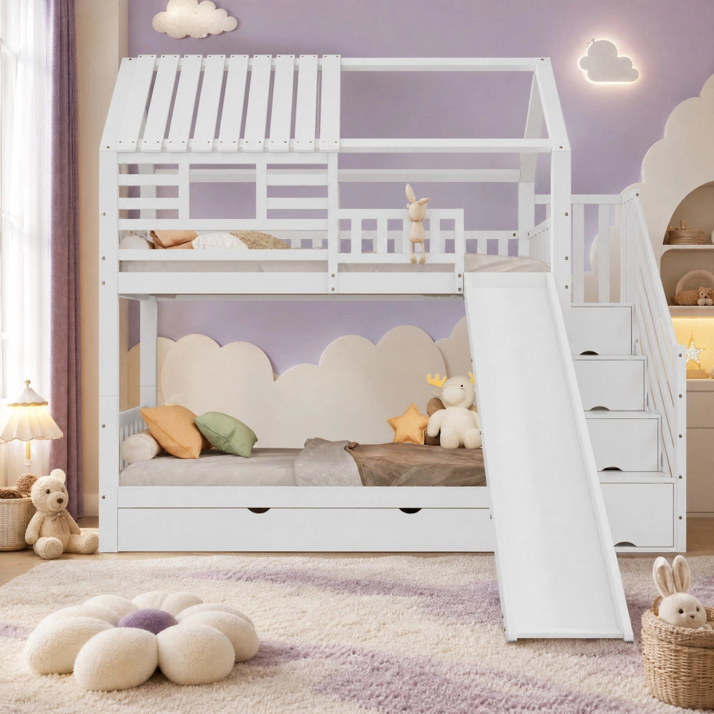 DESMIU Letto a Castello 2 Posti con Scala Contenitore, Scivolo e Cassetto 90 × 200 cm, senza Materasso