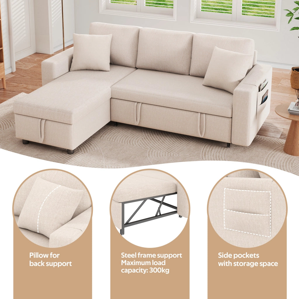 Divano letto angolare reversibile con contenitore, tasche laterali e 2 cuscini, in lino Beige