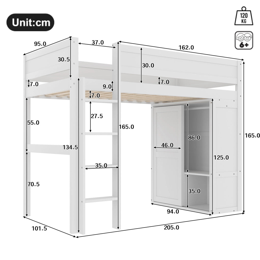 Letto a soppalco 90x200 cm con armadio e vano portaoggetti; pino e MDF; bianco