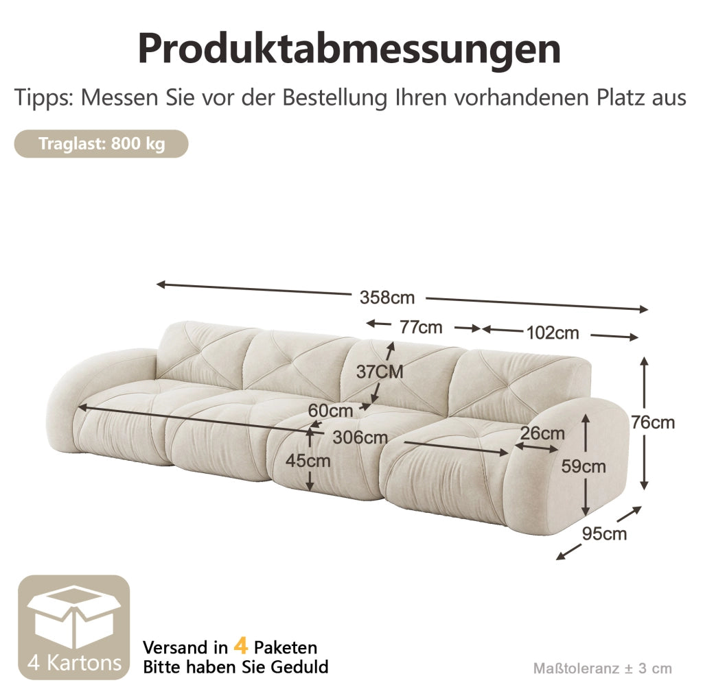 Divano modulare 4 posti senza telaio 358x95x76 cm in chenille beige chiaro