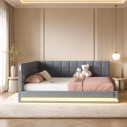 Divano letto imbottito 160x200 cm con LED; USB e rete a doghe; lino; grigio