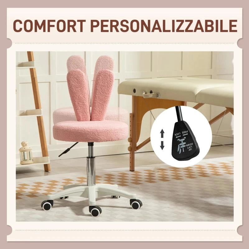 SEDIA DA SCRIVANIA A ORECCHIE DI CONIGLIO AD ALTEZZA REGOLABILE E RIVESTITA IN PILE TEDDY ROSA, 53X53X70-84 CM