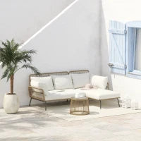 Set da Giardino in Rattan Stile Boho Chic con Divano Angolare e e Tavolino, Crema e Caffè
