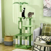 Albero per Gatti Multilivello con Amaca, Tiragraffi, Pallina e Foglie Decorative, 49x49x142 cm, Verde