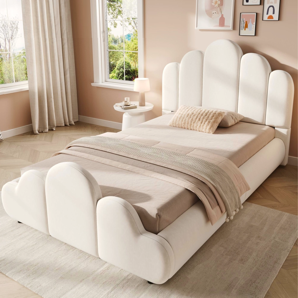 Letto singolo imbottito per bambini 90x200 cm in velluto beige con testiera arrotondata