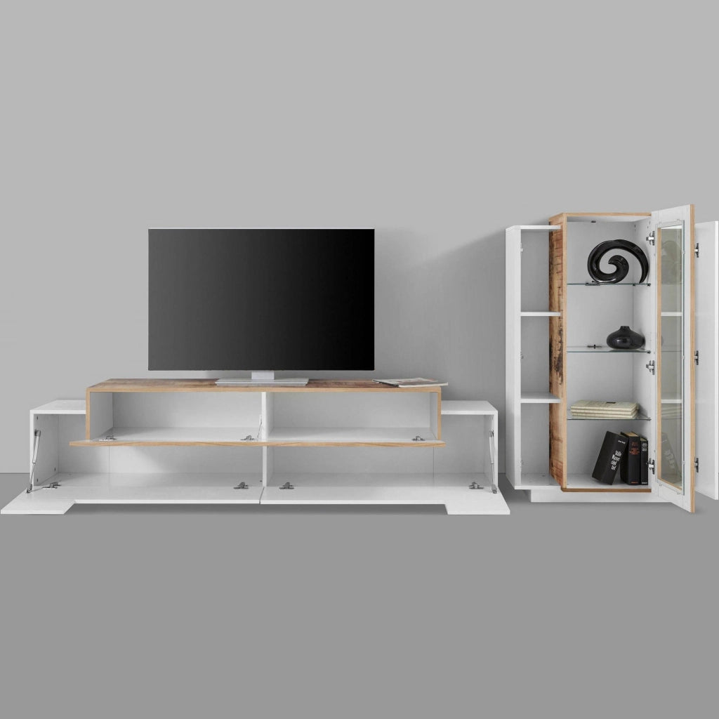 Parete attrezzata da soggiorno Anisia, Made in Italy, Porta TV a luce LED bianca, Set salotto moderno, cm 290x45h121, Bianco lucido e Acero