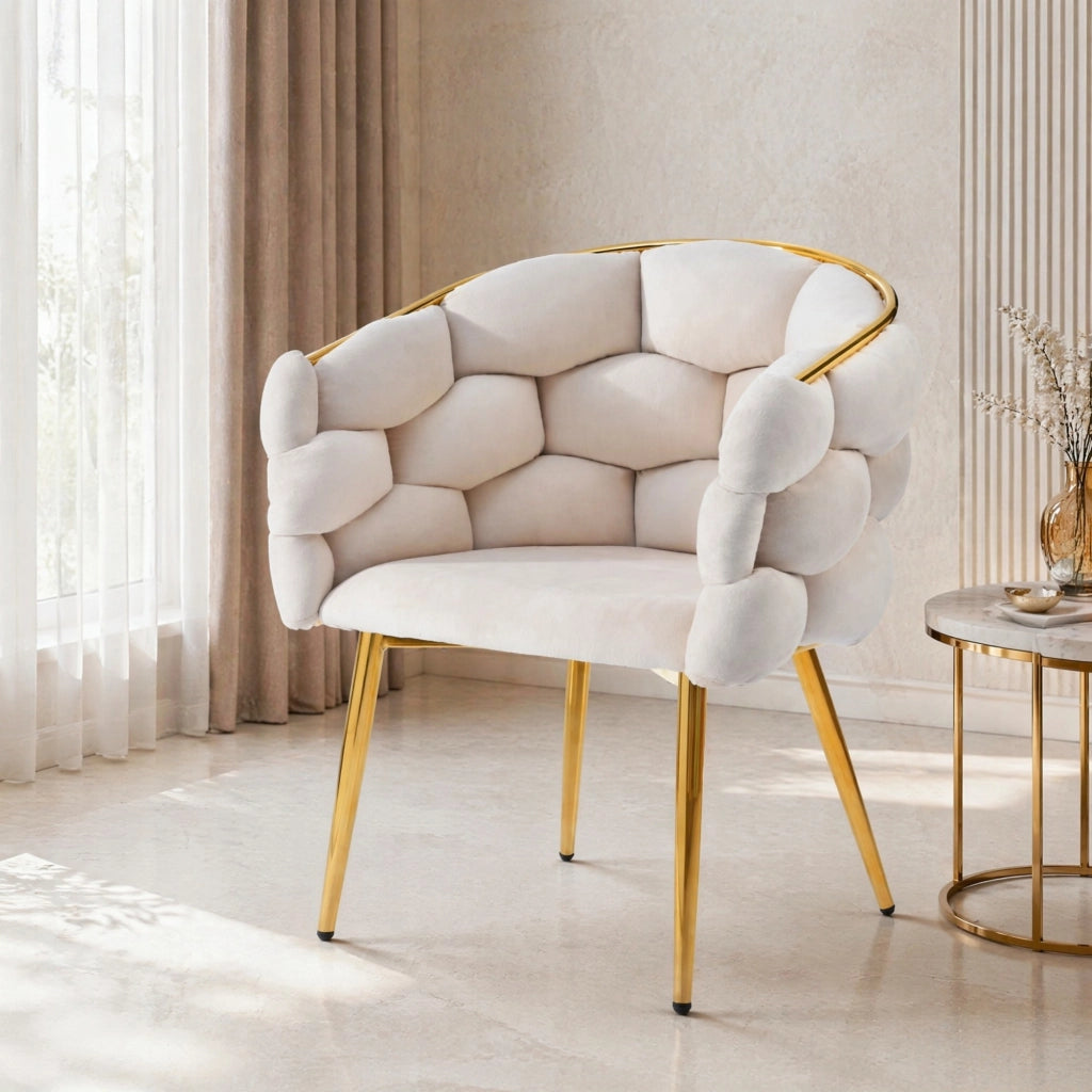 SEDIA IMBOTTITA 50x47x80 cm VELLUTO BEIGE CON GAMBE IN METALLO ORO 1 PEZZO