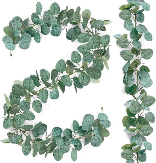 Due guirlande di eucalipto artificiali, 1,8 m decorazione di eucalipto per piante da appendere, foglie di eucalipto guirlande decorazione per matrimonio, decorazione per tavola di matrimonio, guirlande di primavera, decorazione floreale