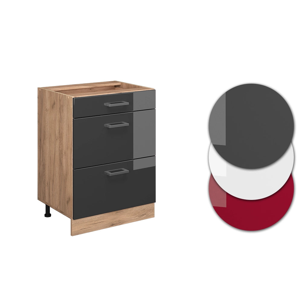 Mobiletto base per cucina R-Line Antracite lucido/Rovere dorato 60 cm con cassetti, senza piano di lavoro Vicco