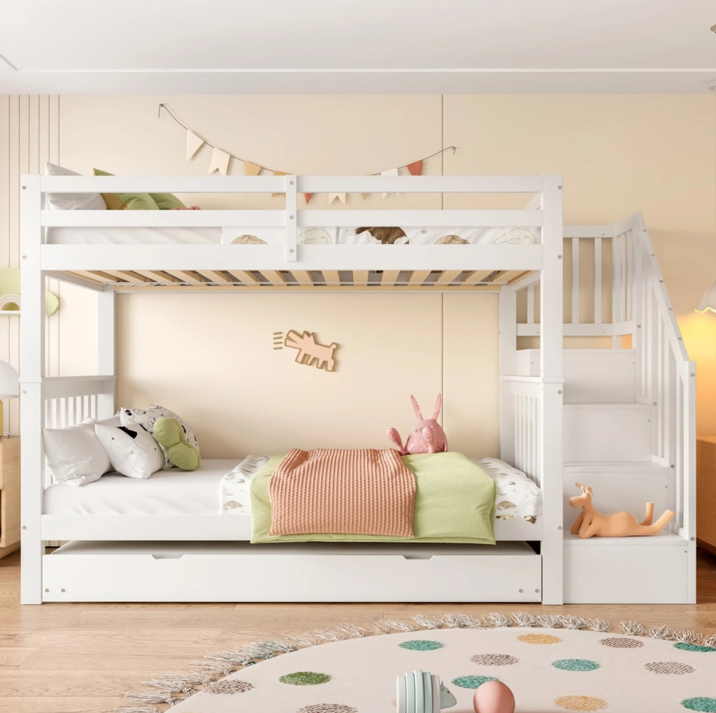 Letto a castello 90x200 cm con letto estraibile e scala con ripiani in pino bianco