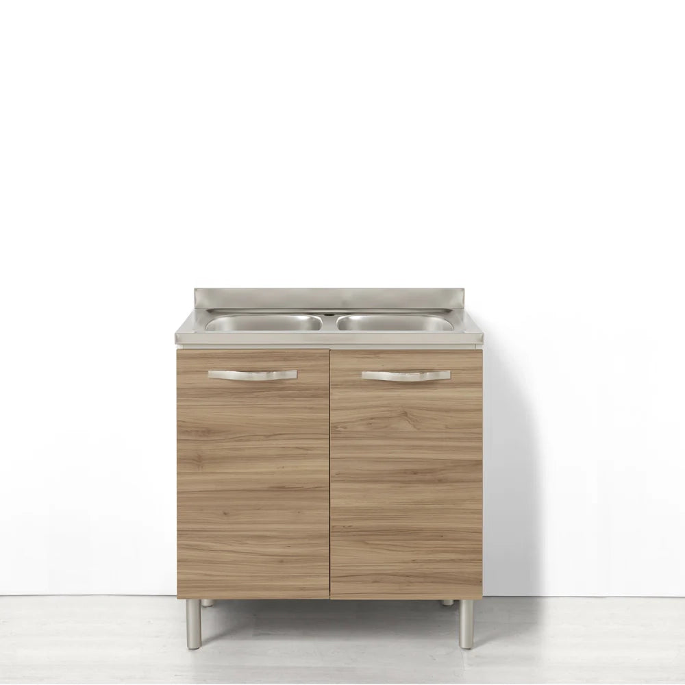 Sotto lavello per cucina componibile da 80 cm con 2 ante linea MAKA, realizzata in legno 100% MADE IN ITALY, colore Noce, Senza Lavello