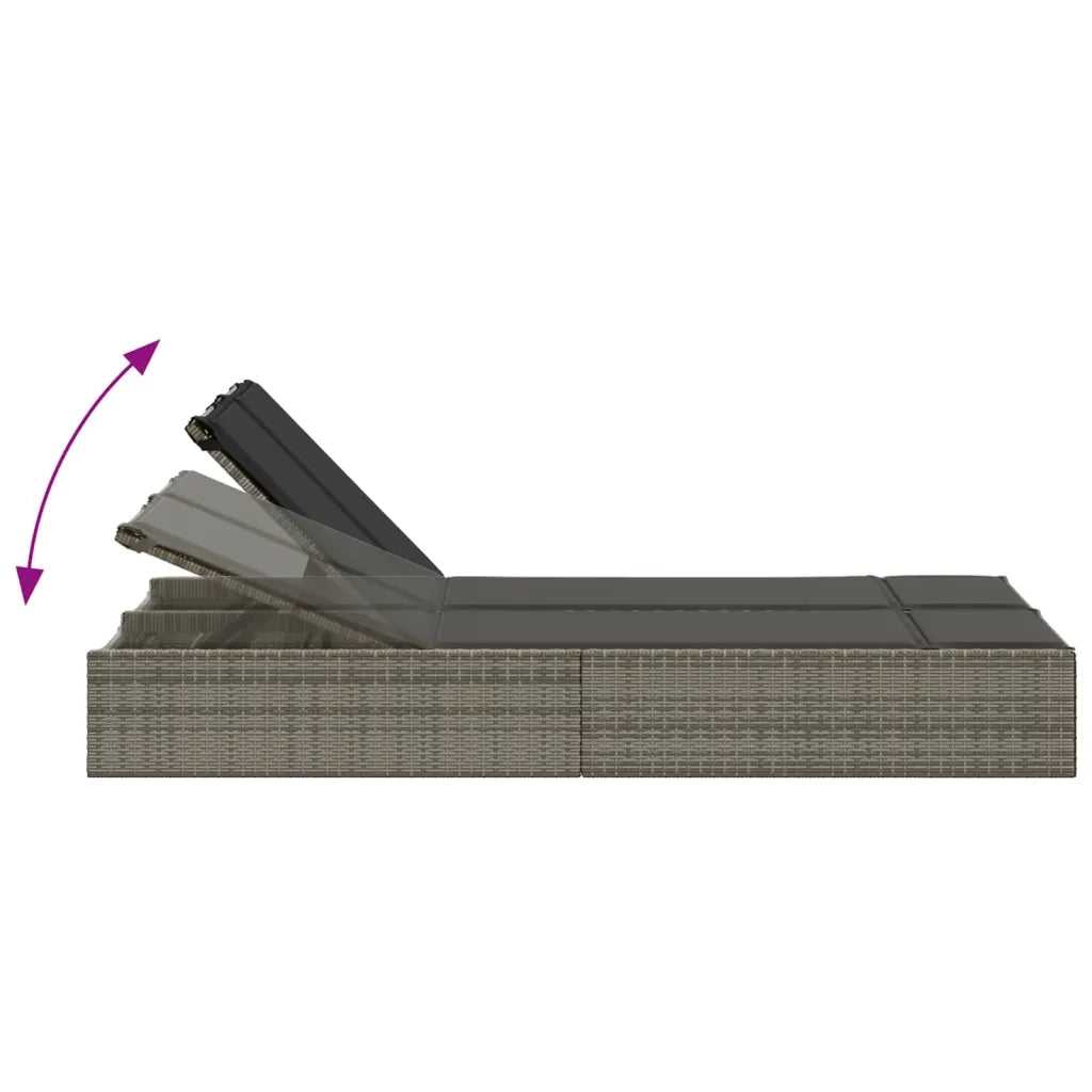 Lettino Prendisole | Sdraio da giardino | Lettino da sole Doppio con Cuscini Grigio in Polyrattan