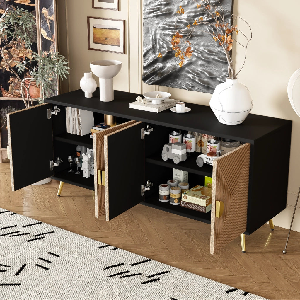 OKWISH Madia con 4 Ante e Cerniere con Chiusura Ammortizzata per Soggiorno o Sala da Pranzo, MDF e Truciolare, Nero e Legno, 160 x 40 x 75 cm