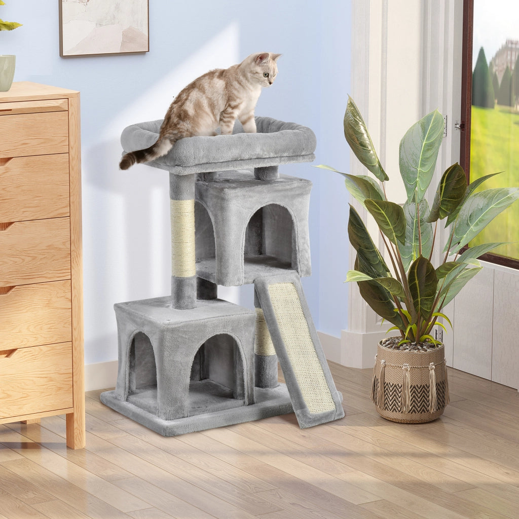 Albero Tiragraffi per Gatti con Pali in Sisal, Lettino e 2 Casette, 59x39x81cm, Grigio