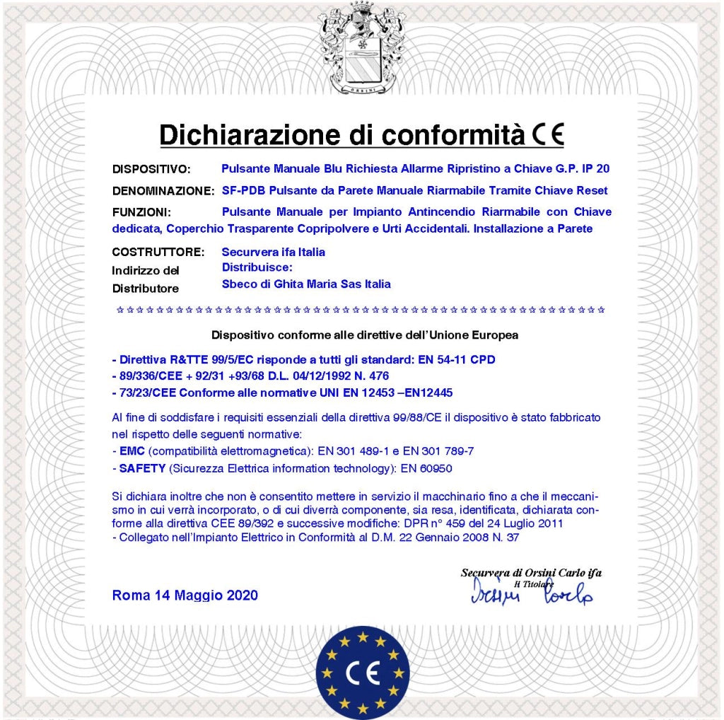 PULSANTE EMERGENZA ROTTURA VETRO BLU 2 PEZZI ATTIVAZIONE INTERVENTO INCENDIO RIPRISTINO A CHIAVE SBLOCCA PORTE REI EN 54-11 CPD