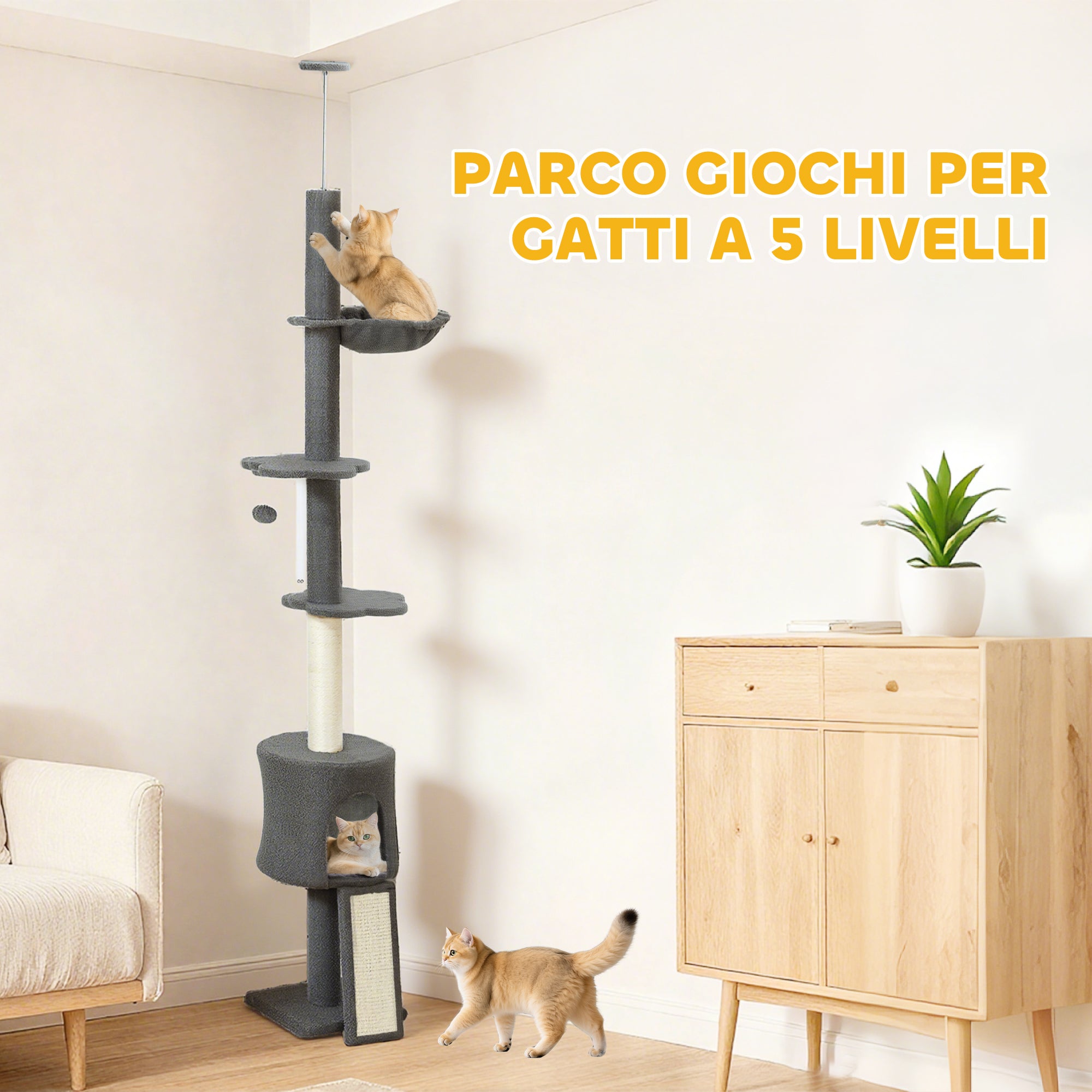 Albero per Gatti a Soffitto Alto 220-240 cm con Amaca Casetta Piattaforme a Fiore e Pali in Sisal Grigio