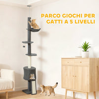 Albero per Gatti a Soffitto Alto 220-240 cm con Amaca Casetta Piattaforme a Fiore e Pali in Sisal Grigio
