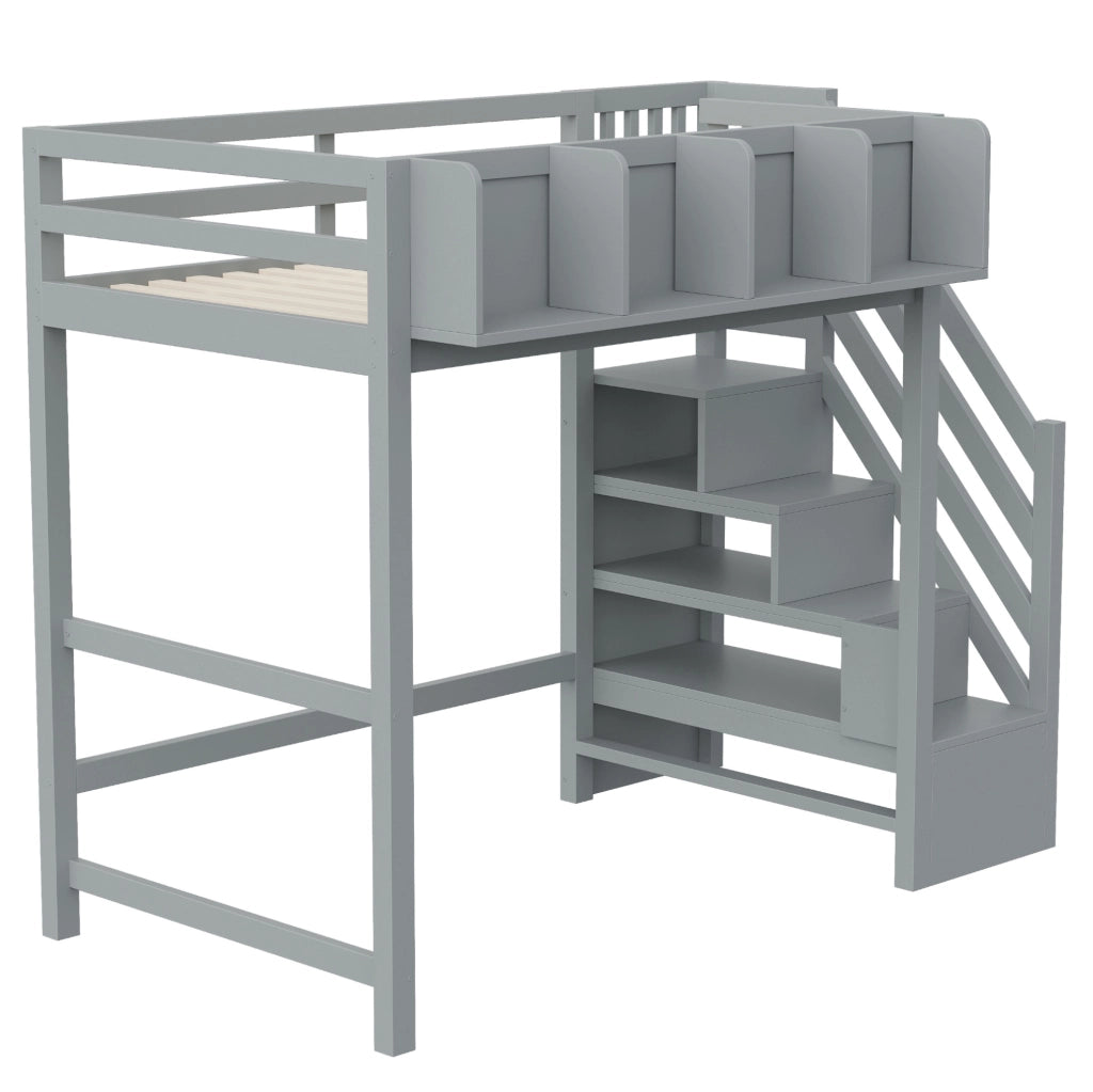 Letto a soppalco 90x200 cm con LED, ripiani e scala in pino, compensato e MDF grigio