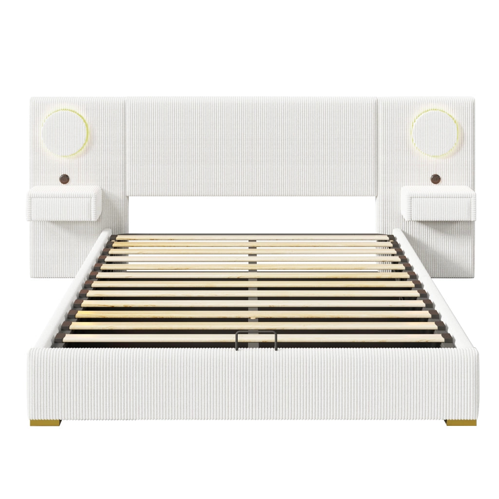 Letto imbottito 180x200 cm in velluto beige con LED; USB e contenitore