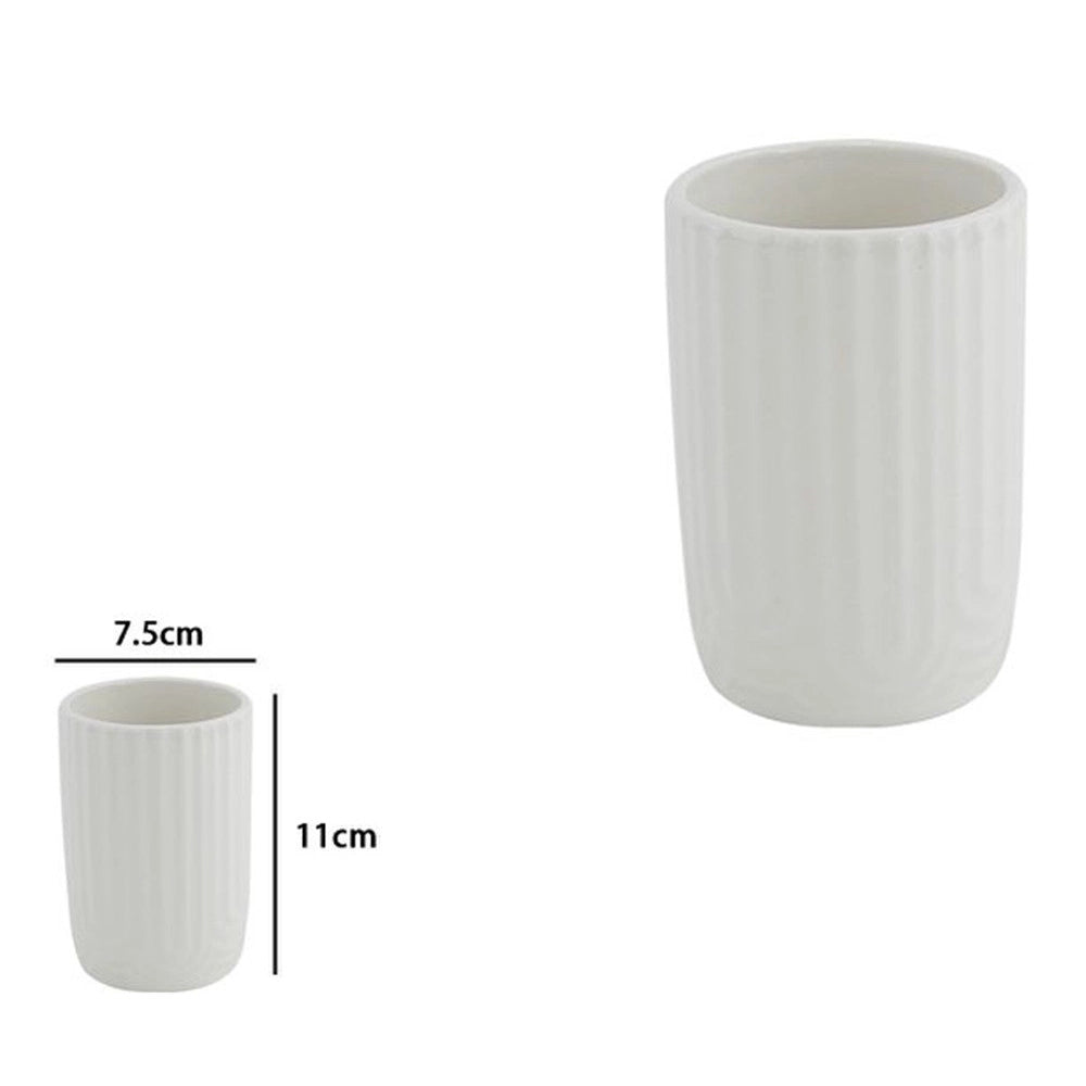 Trade Shop - Bicchiere Porta Spazzolini Dentifricio Arredo Bagno In Ceramica Rigata Bianca 87803 -