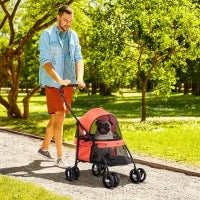 Passeggino per Cani Pieghevole con Tettuccio Regolabile, Borsa e 2 Guinzagli, 82x47x97 cm, Rosso e Nero