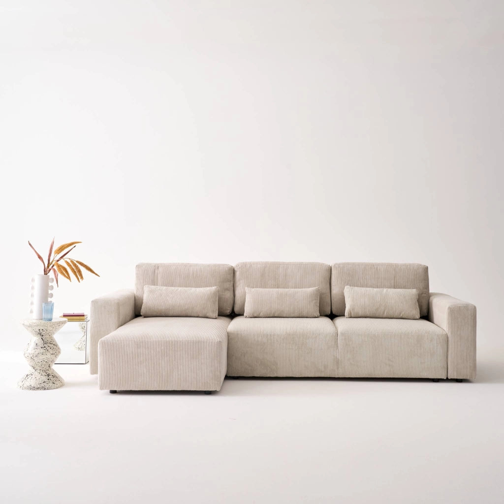 Divano letto angolare reversibile con contenitore in velluto a coste,