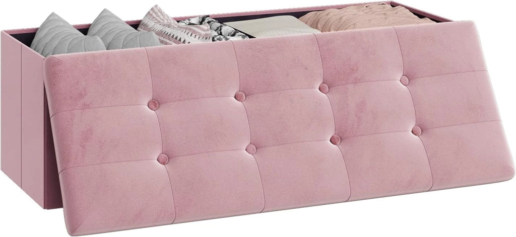 Panche Contenitore per Ingresso Cassapanca Pieghevole Ottomane in Velluto, Max Portata Statica di 300 kg, 118 L, 110x37,5x38 cm, Rosa chiaro
