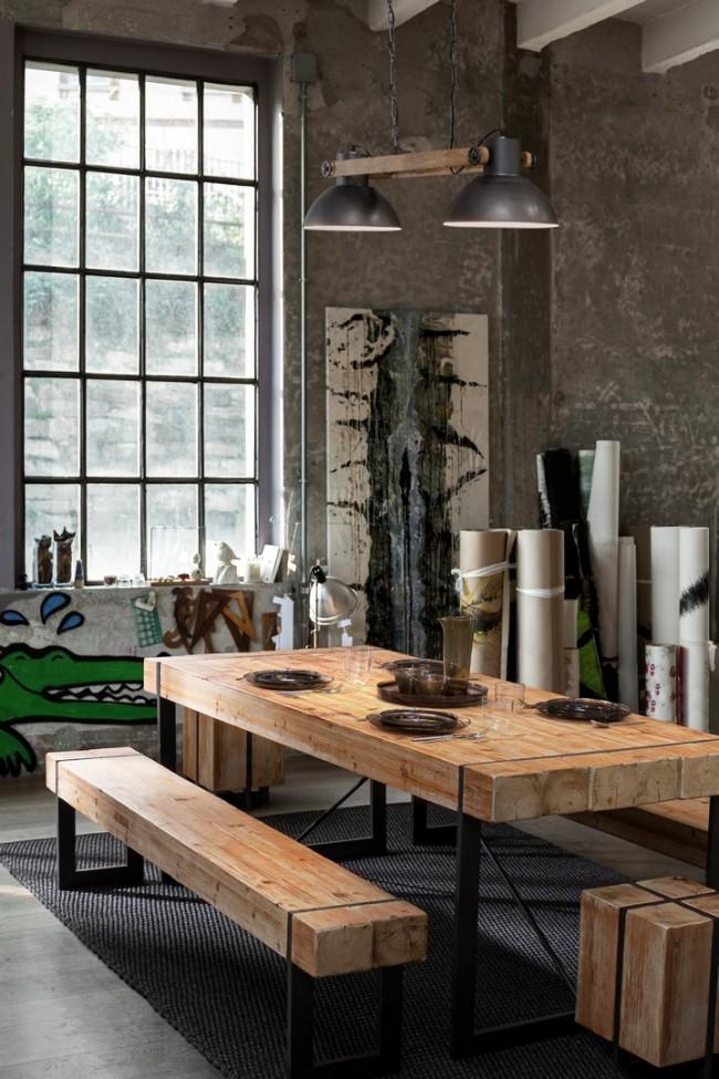 Lampadario Odessa 2 Luci Ø30x140 cm E27 in Legno e Acciaio Antracite