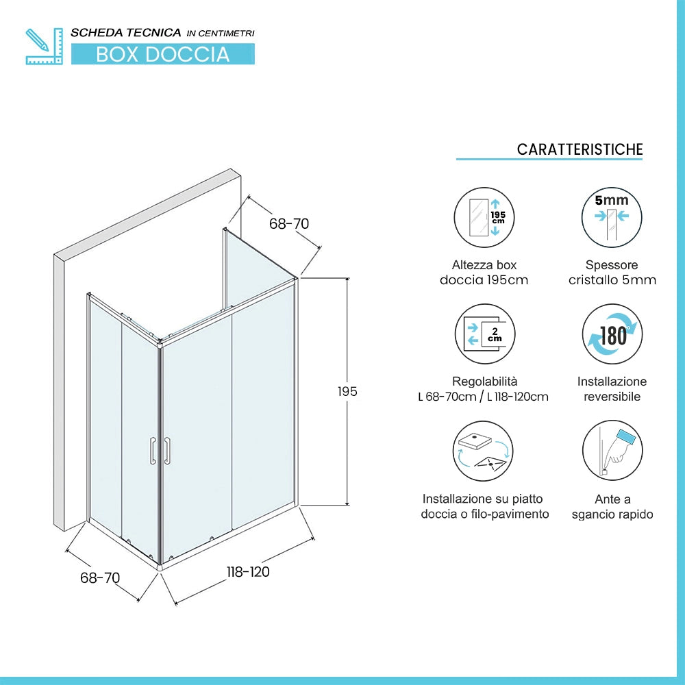 Box doccia 3 lati 70x120x70 in vetro temperato trasparente doppio scorrevole con profili neri Tay