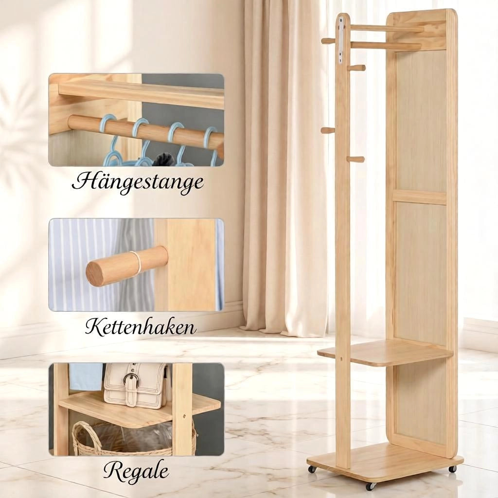 SPECCHIO da terra con appendiabiti e ripiano 40x44,5x170 cm legno chiaro