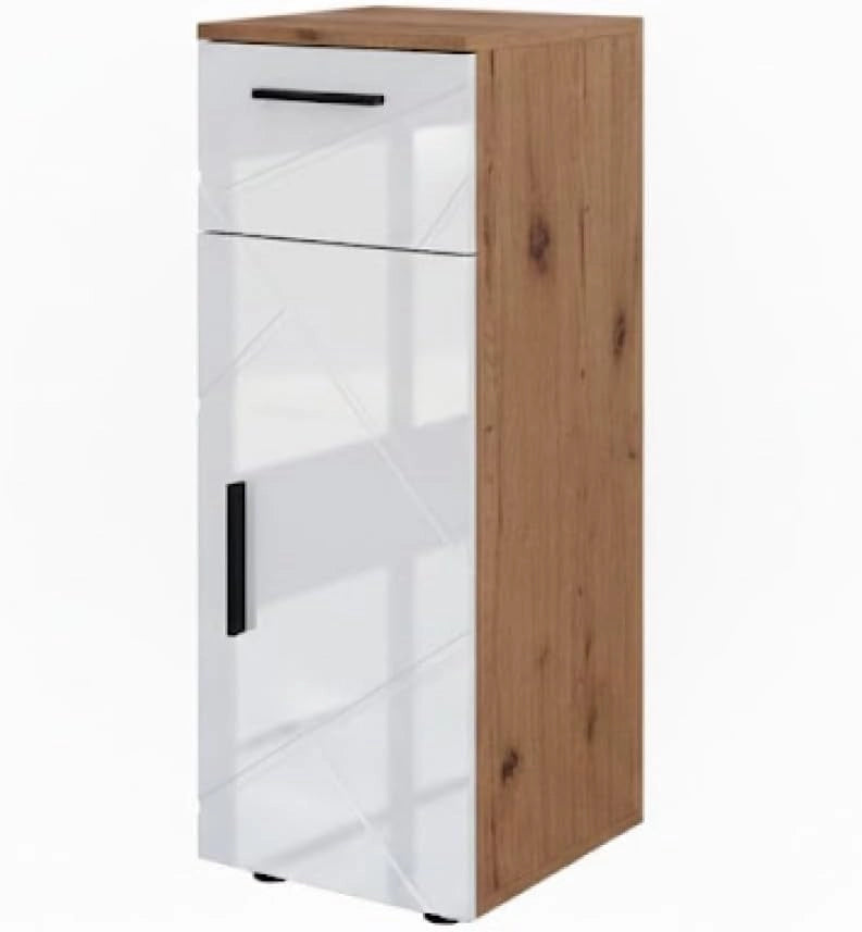 Mobiletto bagno Irma, Bianco lucido/oro power oak, 30 x 81 cm, per la conservazione in bagno, abbinabile alla serie Irma
