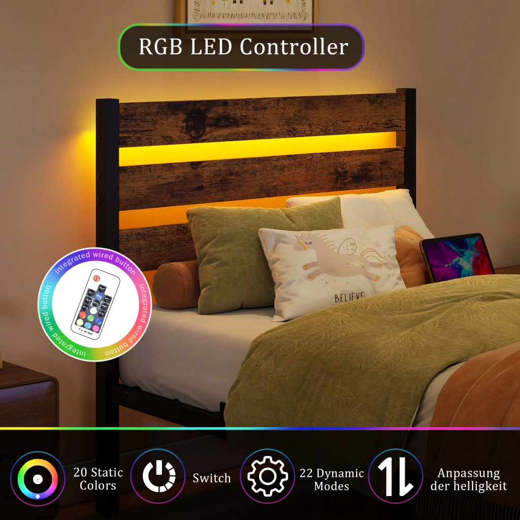 Letto in metallo con USB e LED 90x200 cm MDF marrone e metallo