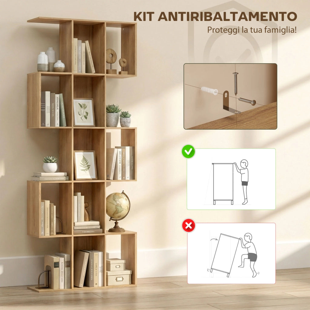 Libreria Scaffale a 5 Livelli a S  80x24x200 cm con 15 Ripiani in Legno Color Rovere