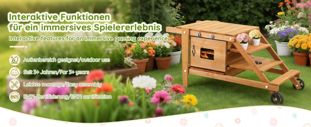 Cucina da Gioco per Bambini da Esterno ¨C Minimal ¨C in Legno Naturale con Ruote e Accessori
