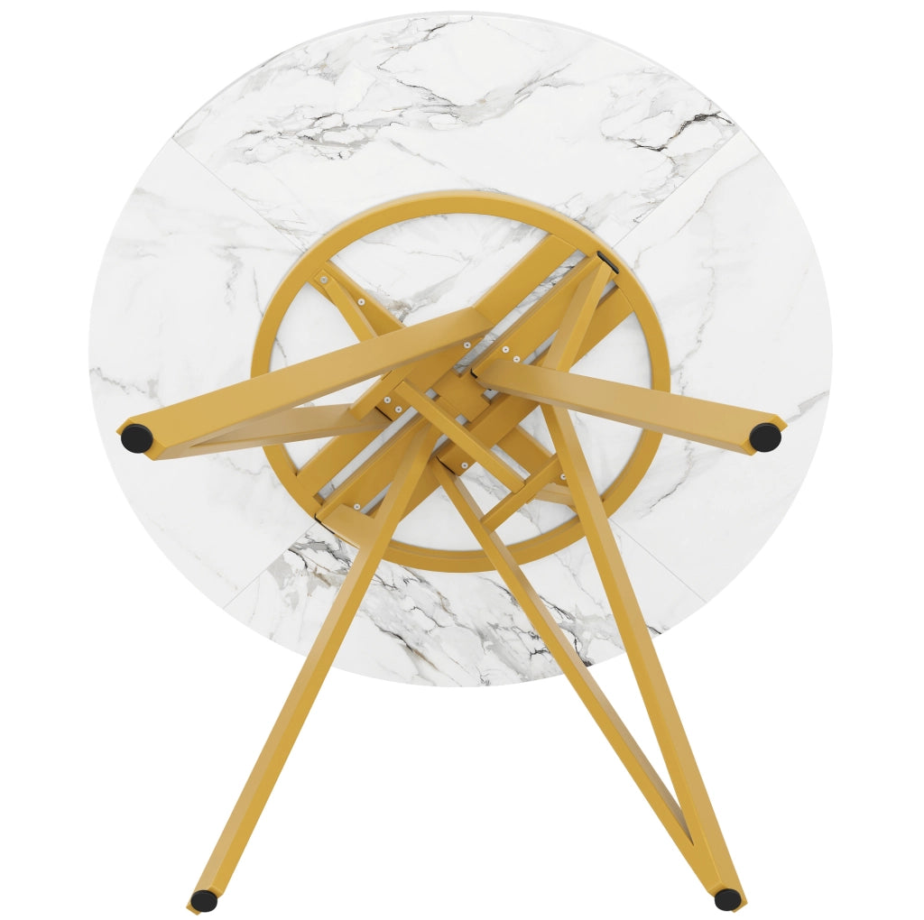 Tavolo da pranzo rotondo 100x100x76 cm con piano effetto marmo; piedini regolabili; MDF; oro