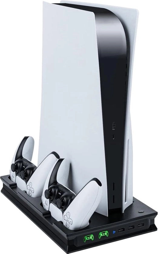 Caricabatterie per controller compatibile con PlayStation 5, stazione di ricarica standard con ventilatore, per 2 controller, caricabatterie rapido, 3 porte USB, con indicatori LED, caricabatterie per controller compatibile con PS5.