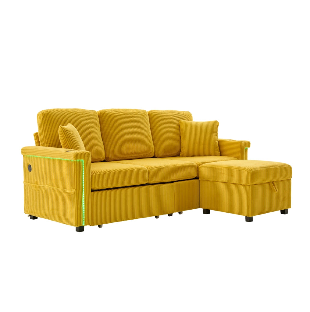Divano in velluto a coste giallo senape con LED; USB/Type-C; portabevande e vano contenitore
