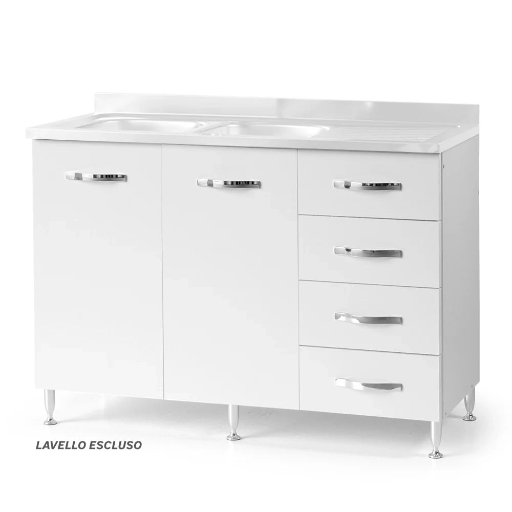 Sottolavello per cucina componibile da 120 cm con due ante e 4 cassetti, vasche a Sinistra realizzata in legno 100% MADE IN ITALY colore Bianco Frassino