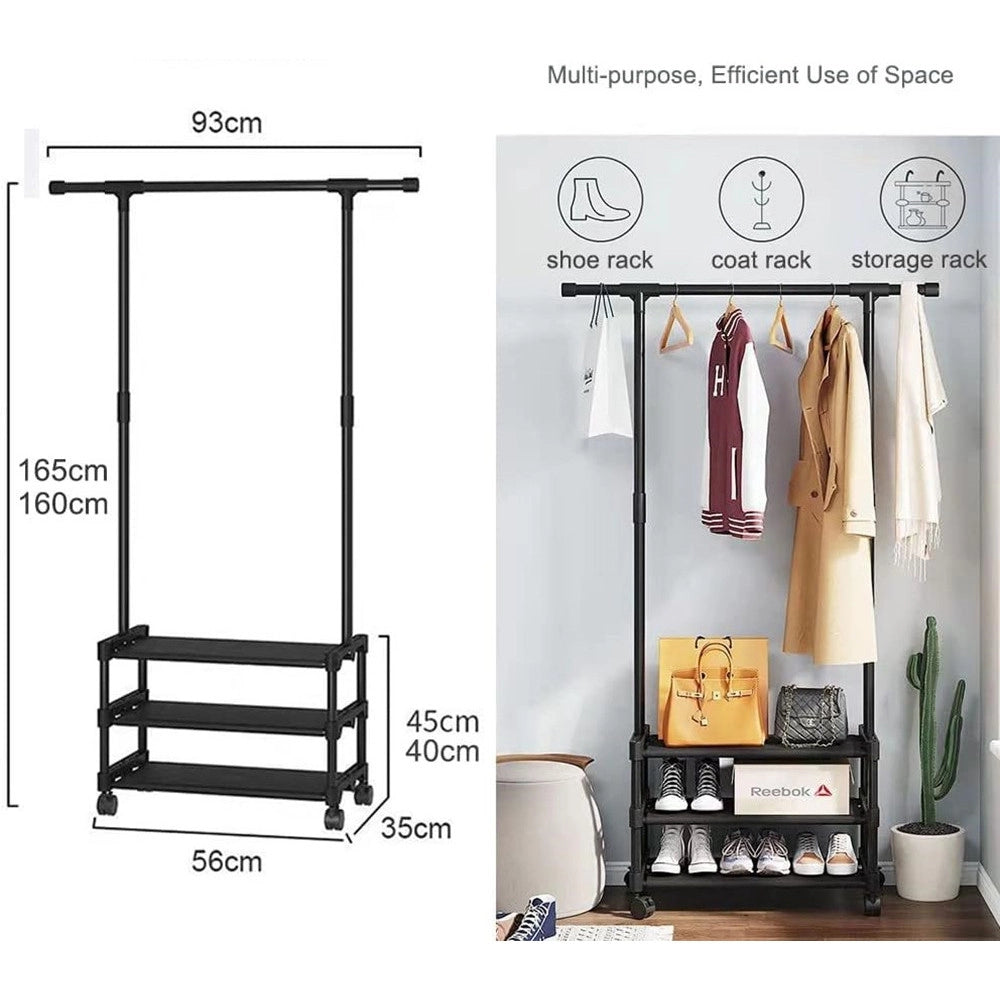 Trade Shop - Stand Appendiabiti In Metallo Con Ruote Attaccapanni Con Ripiani Asta 56x35x165cm - Nero