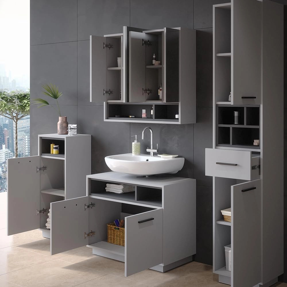 Set di mobili da bagno Beatrice, Grigio, 80 cm, composto da mobile lavabo, pensile a specchio, colonna e base media