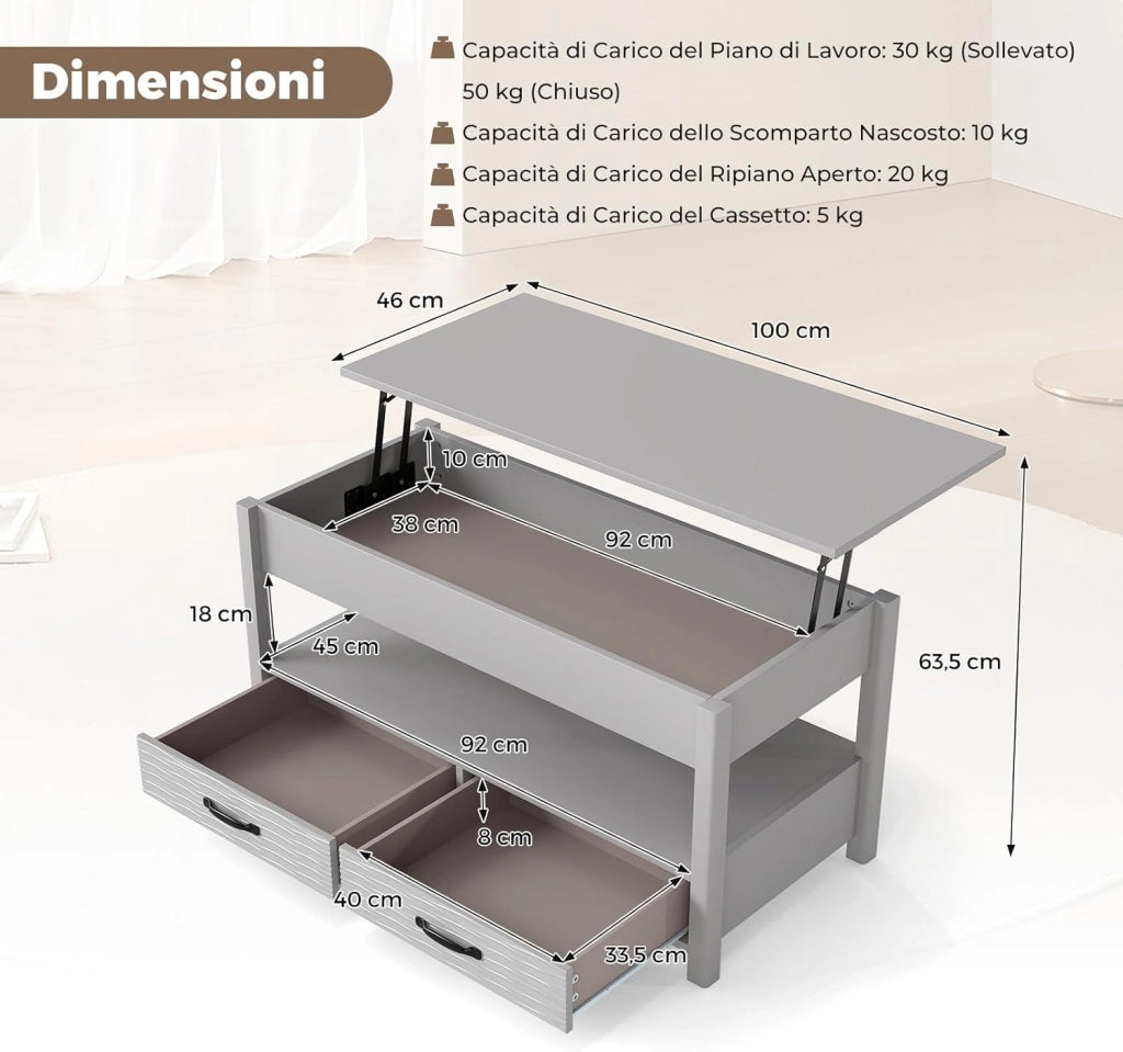 Tavolino da Caffè con Piano Sollevabile, Tavolo Basso con 2 Cassetti, Scomparto Nascosto e Mensola Aperta, Tavolino Rettangolare da Salotto, Studio e Ufficio, 100 x 46 x 50 cm, Grigio
