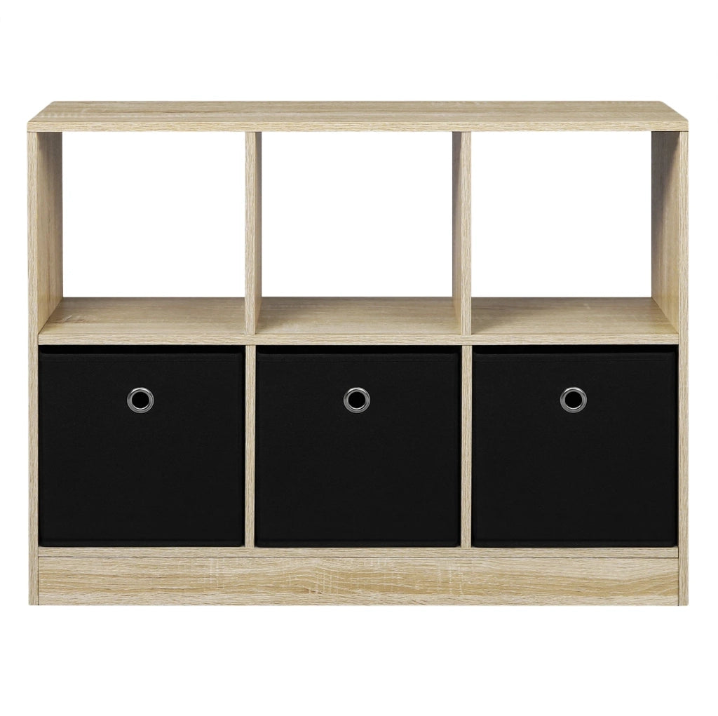 Libreria ULEVR 80x30x61 cm con cubi e 3 cassetti in tessuto, rovere chiaro e nero