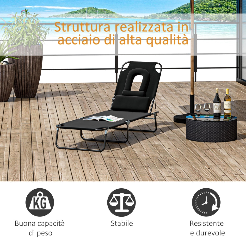 Easycomfort Sdraio Pieghevole Reclinabile su 4 Livelli con Foro per Lettura e Cuscino in Tessuto Oxford e Acciaio, 187x58x36 cm, Nero